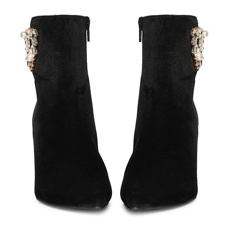 Saint Amoura Triangular Crystal Black Velvet Ankle Boots