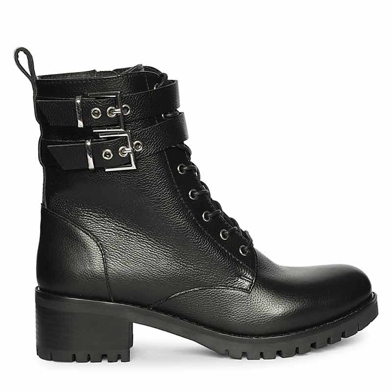 Saint Lucero Buckle Decor Black Leather High Ankle Boots