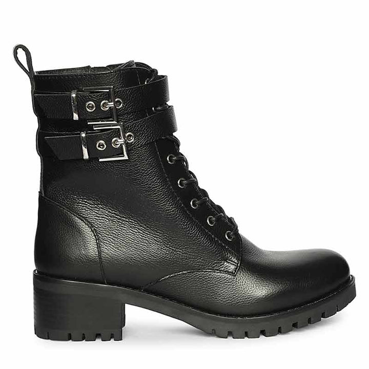 Saint Lucero Buckle Decor Black Leather High Ankle Boots