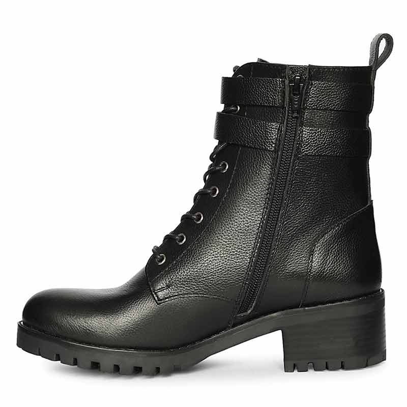Saint Lucero Buckle Decor Black Leather High Ankle Boots