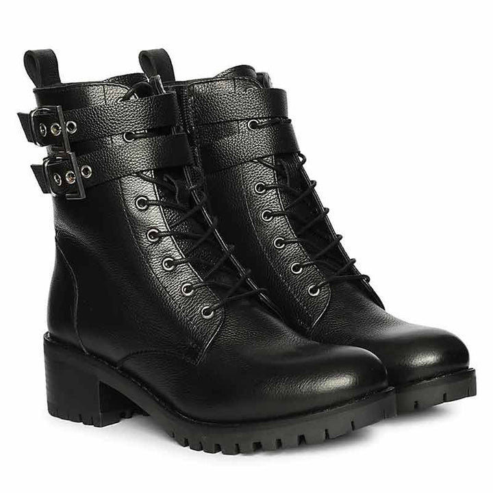 Saint Lucero Buckle Decor Black Leather High Ankle Boots