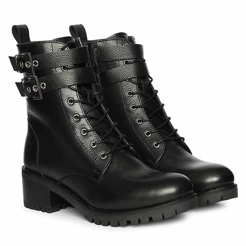 Saint Lucero Buckle Decor Black Leather High Ankle Boots