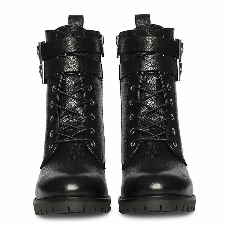 Saint Lucero Buckle Decor Black Leather High Ankle Boots