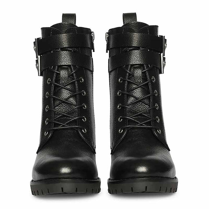 Saint Lucero Buckle Decor Black Leather High Ankle Boots