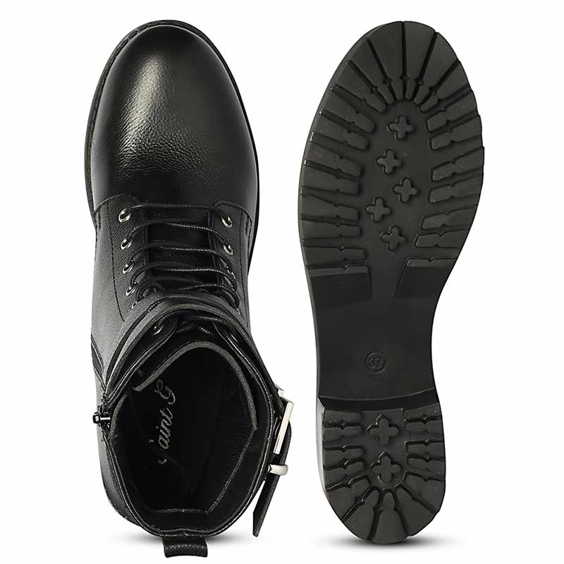 Saint Lucero Buckle Decor Black Leather High Ankle Boots