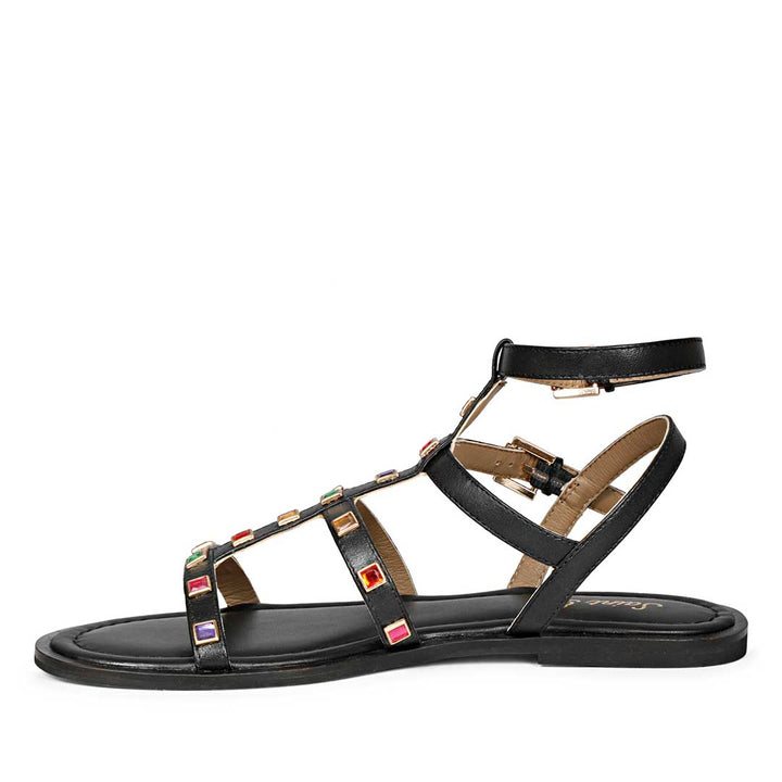 Saint Melina Multi Stone Studded Black Leather Sandals