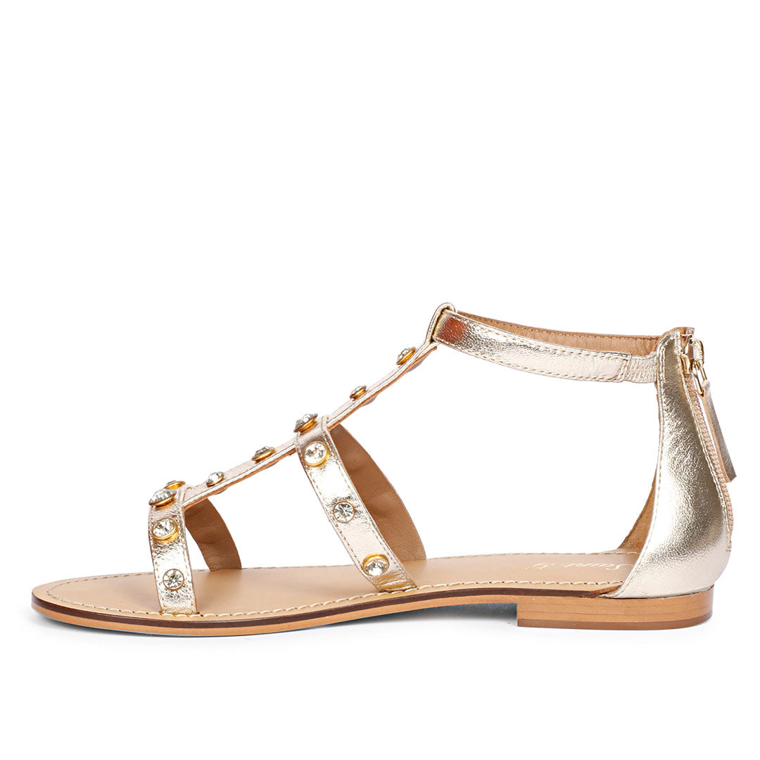 Saint Dion Crystal Stone Studded Platin Leather Sandals