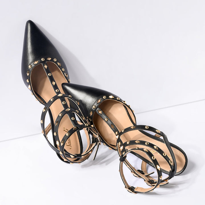 Saint Vorela Studded Multi Strap Black Leather Heels