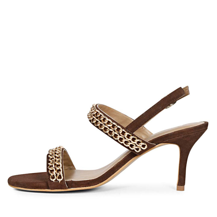 Saint Valeria Gold Chain Brown Suede Leather Stilettos