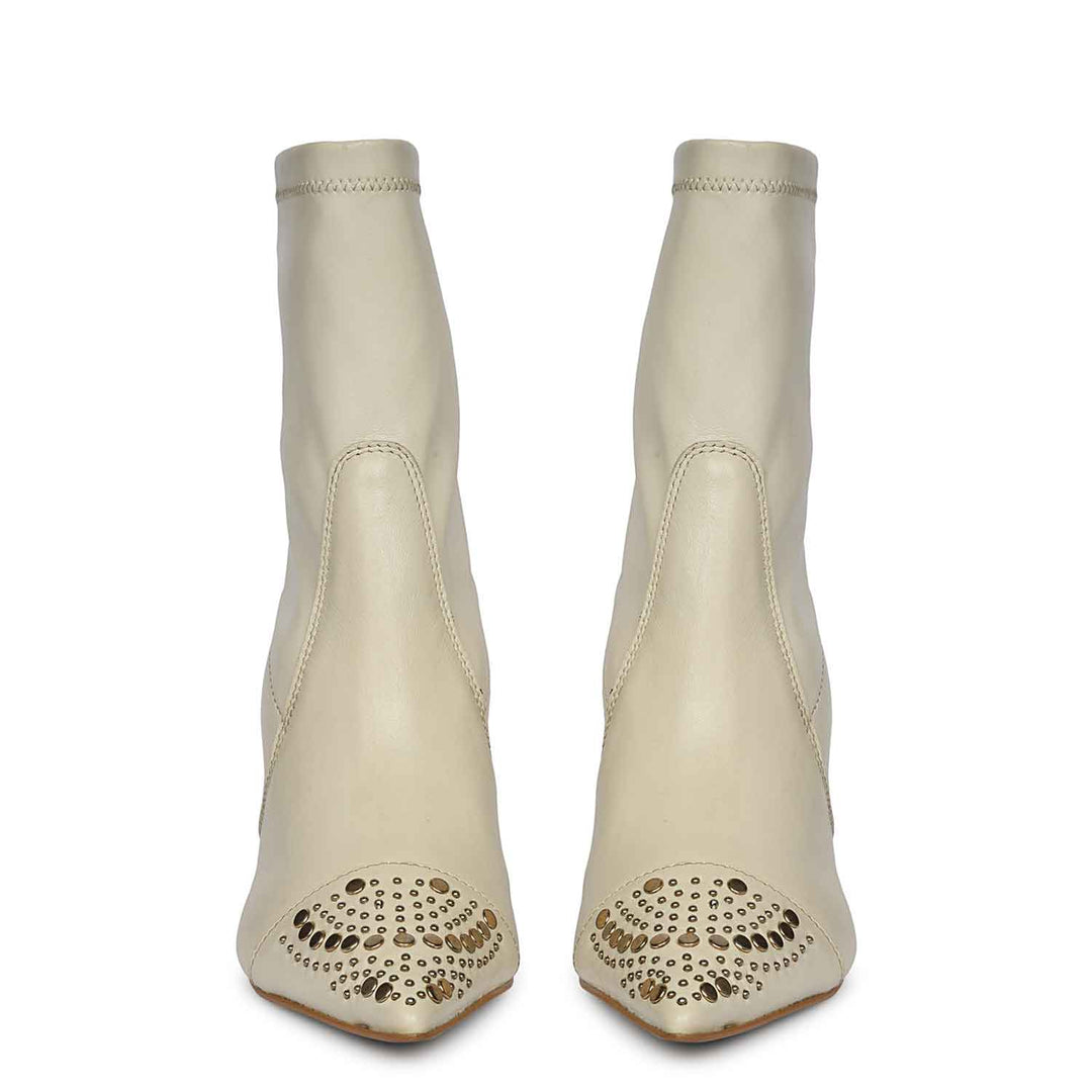 Saint Estrella Studded Stretch Beige Napa Stiletto Ankle Boots