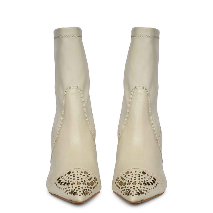 Saint Estrella Studded Stretch Beige Napa Stiletto Ankle Boots