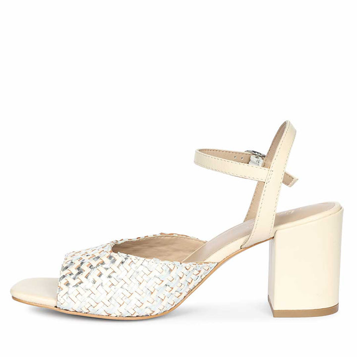 Silver accent woven leather heels for women