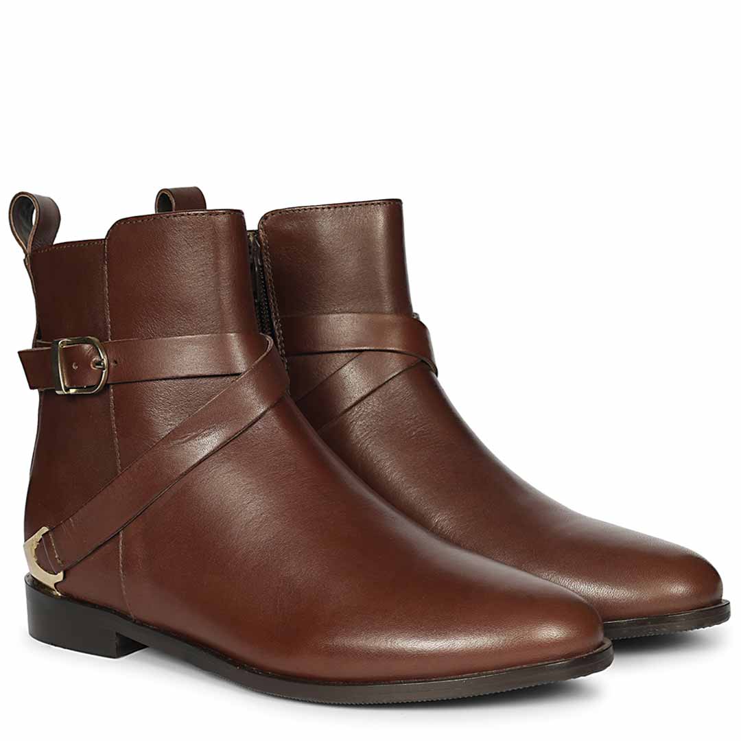 Saint Cathie Buckle Decor Brown Leather Ankle Boots