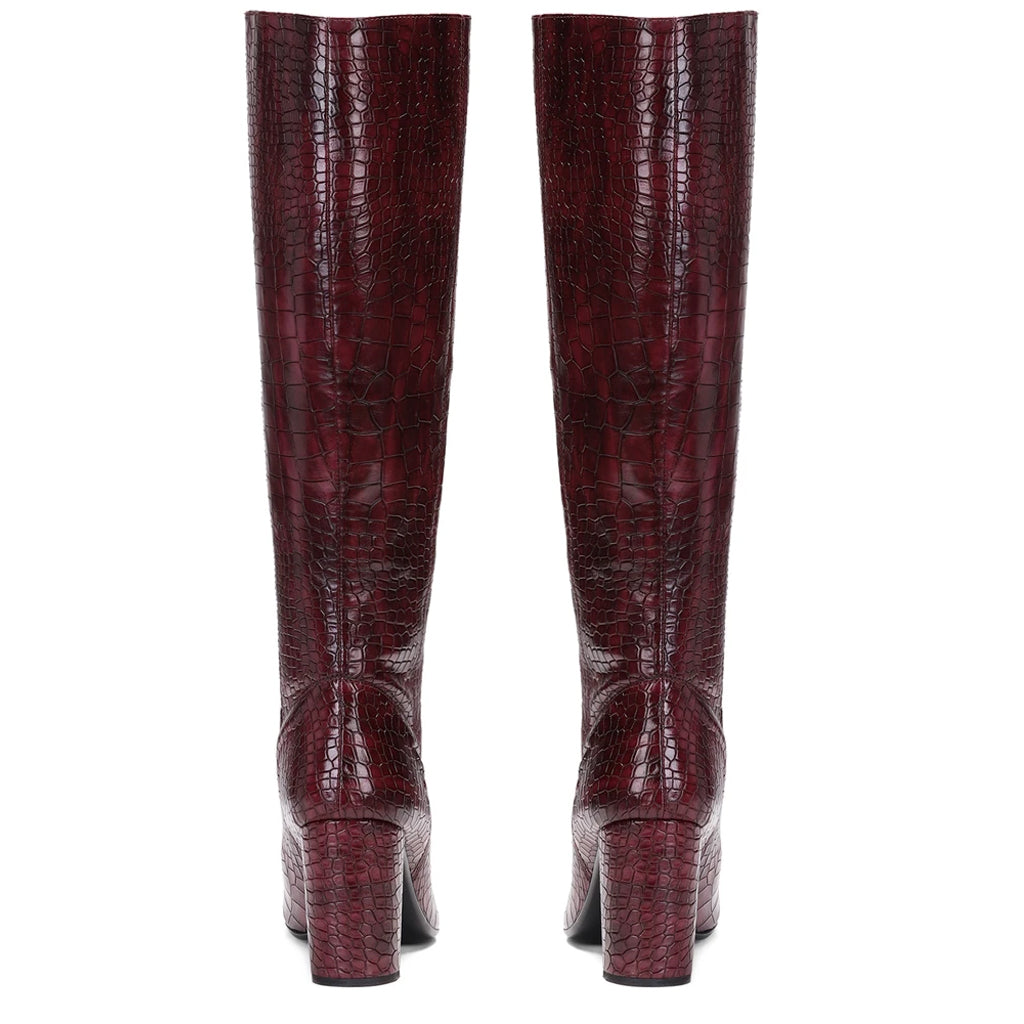 Saint Emily Burgundy Croco Vegan Leather Knee High Boots - SaintG India
