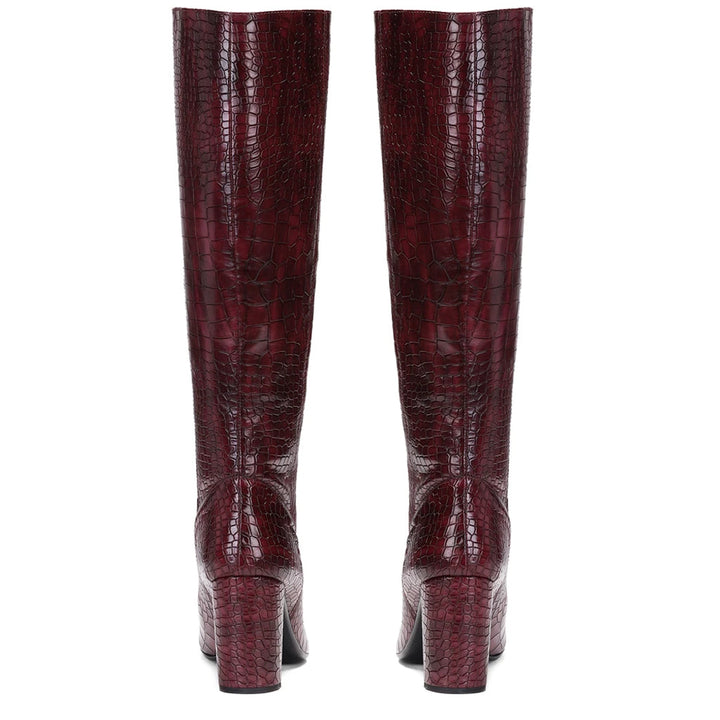 Saint Emily Burgundy Croco Vegan Leather Knee High Boots - SaintG India