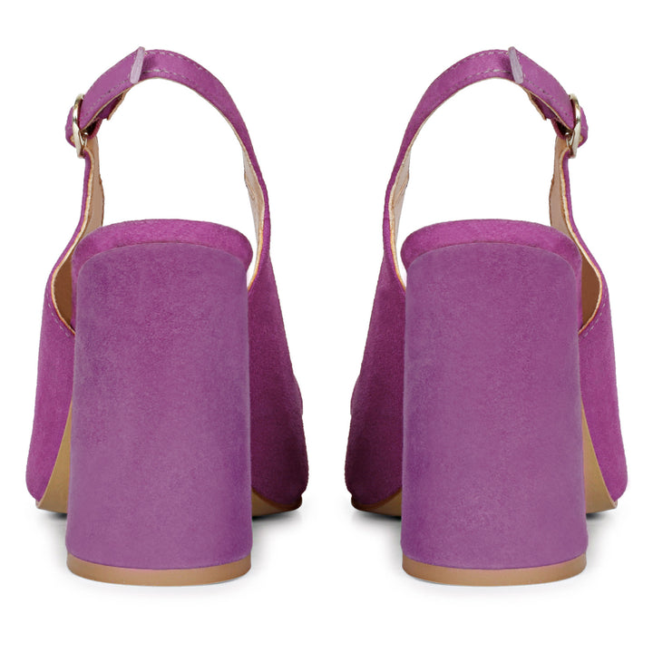 purple suede leather block heel pump