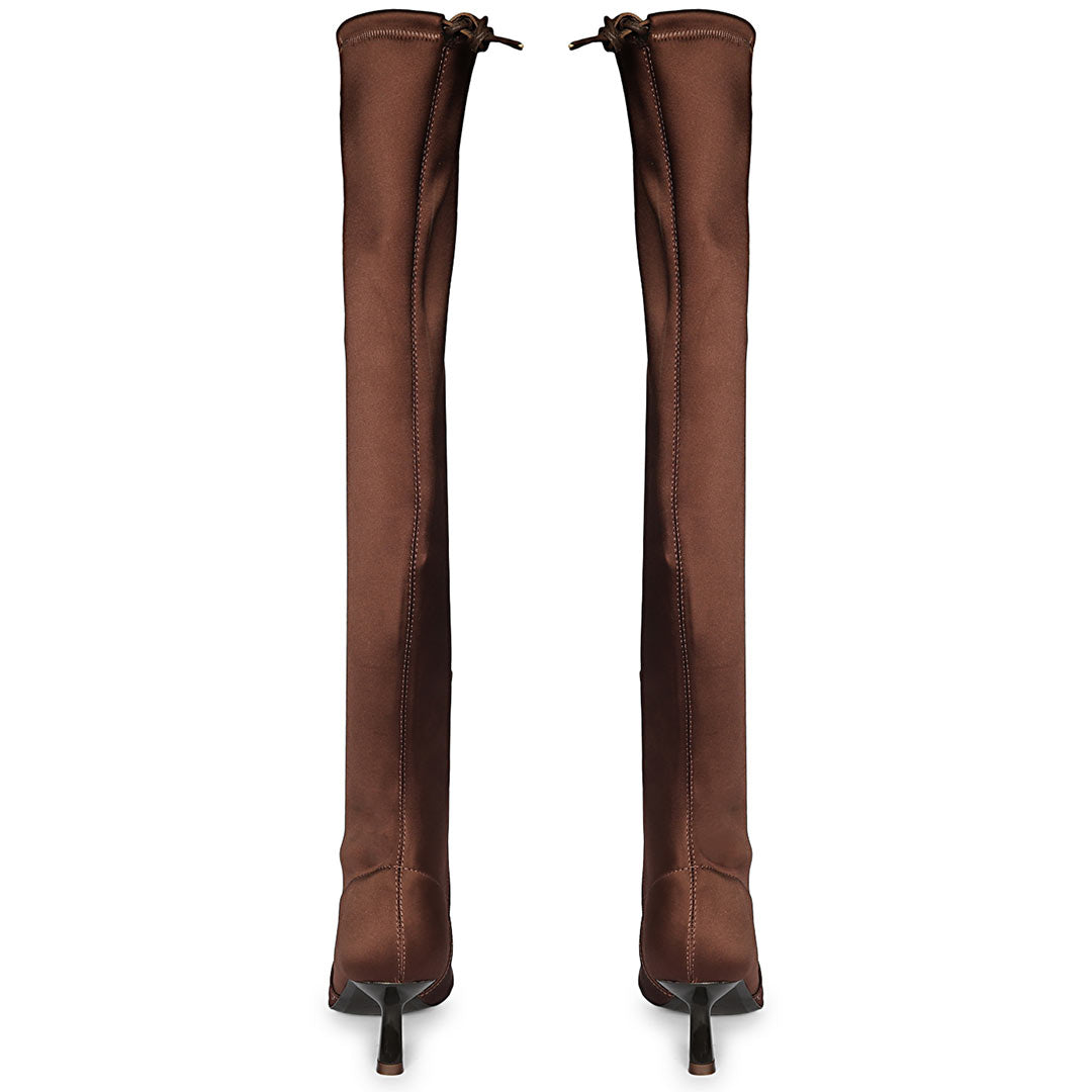 Saint Primrose Brown Stretch Satin Above The Knee Boots