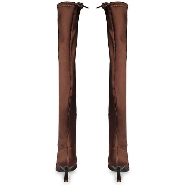 Saint Primrose Brown Stretch Satin Above The Knee Boots