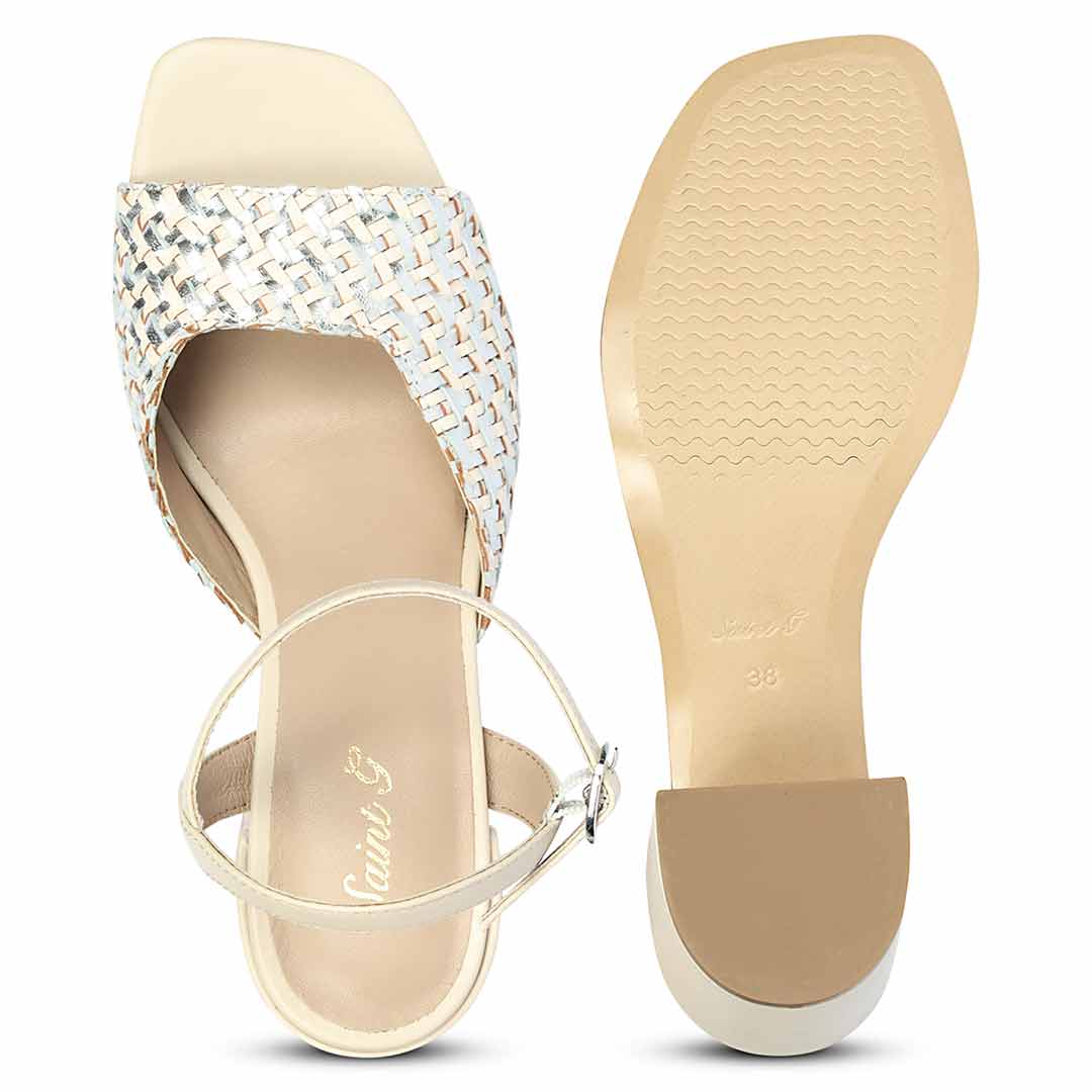 Elegant off white silver leather heels