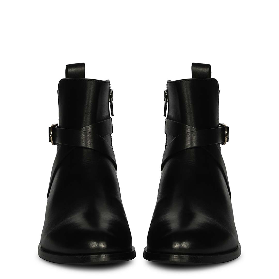 Saint Cathie Buckle Decor Black Leather Ankle Boots