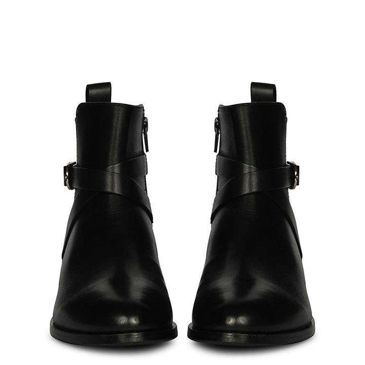 Saint Cathie Buckle Decor Black Leather Ankle Boots