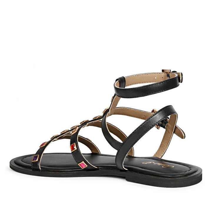 Saint Melina Multi Stone Studded Black Leather Sandals