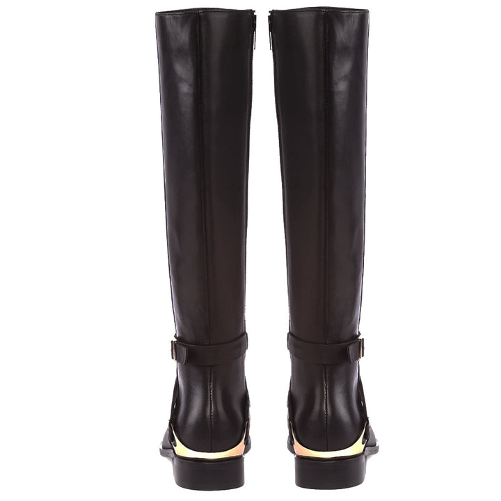 Saint Damaris Dark Brown Leather Buckle Decor Knee High Boots