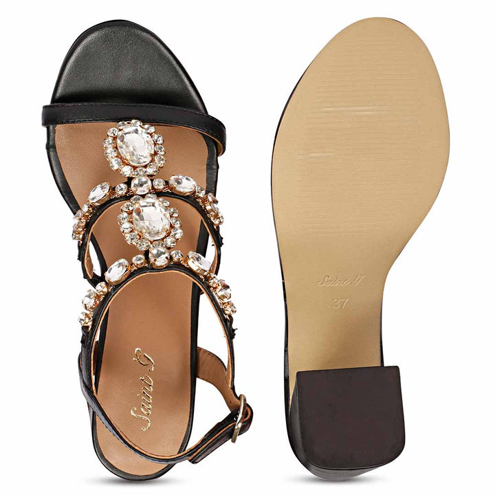 Saint Enriqueta Stone Adorned Black Leather Block Heels