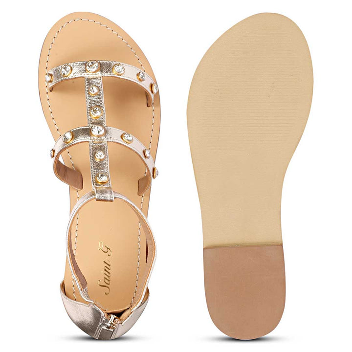 Saint Dion Crystal Stone Studded Platin Leather Sandals