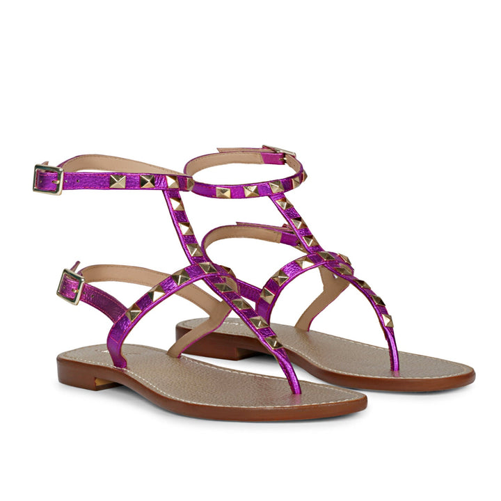 Saint Irene Hot Pink Leather Metal Studded Flat Sandals