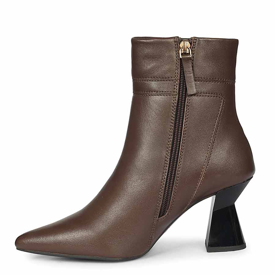 Saint Madelyn Brown Leather Chain Decor Pointed Toe Ankle Boots