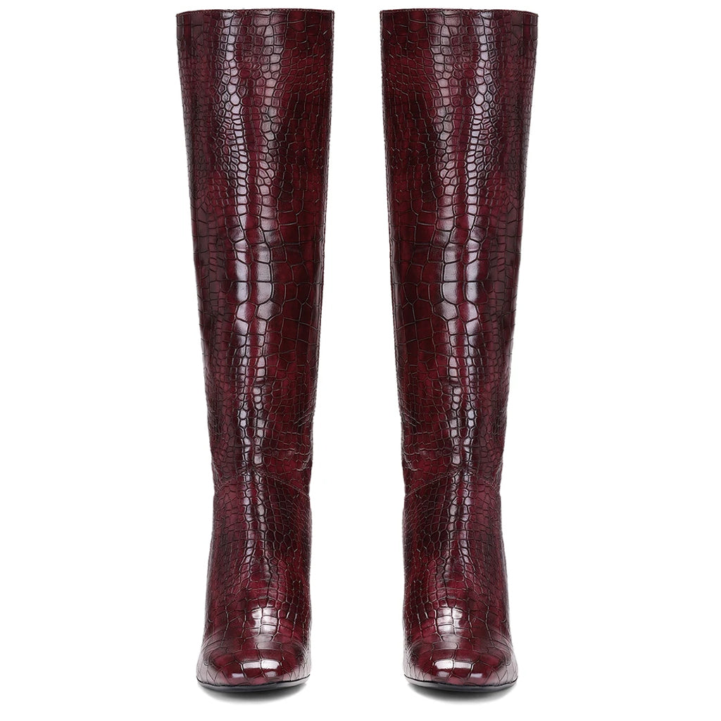 Saint Emily Burgundy Croco Vegan Leather Knee High Boots - SaintG India