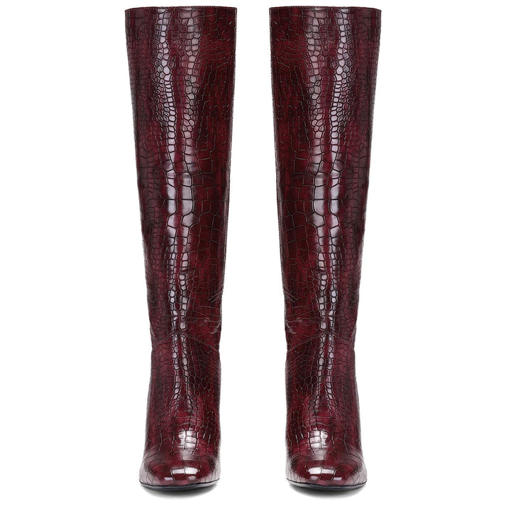 Saint Emily Burgundy Croco Vegan Leather Knee High Boots - SaintG India
