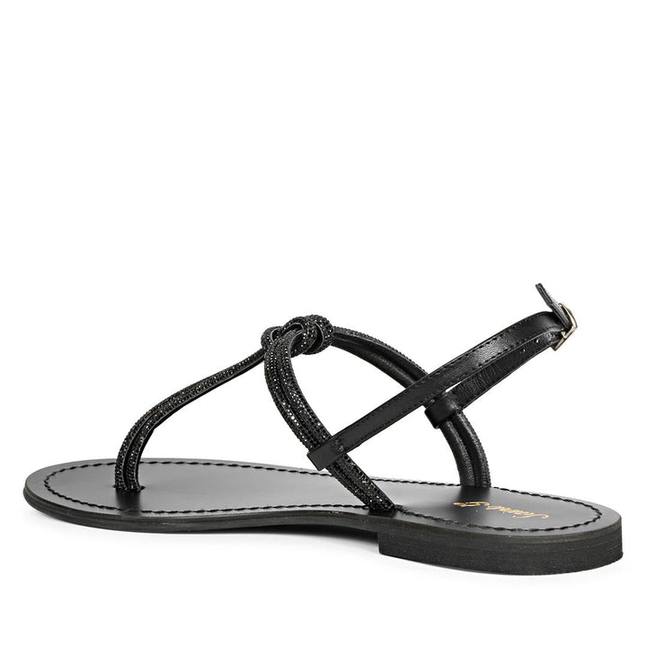 Saint Elsie Crystal Cord Black Leather Flat Sandals