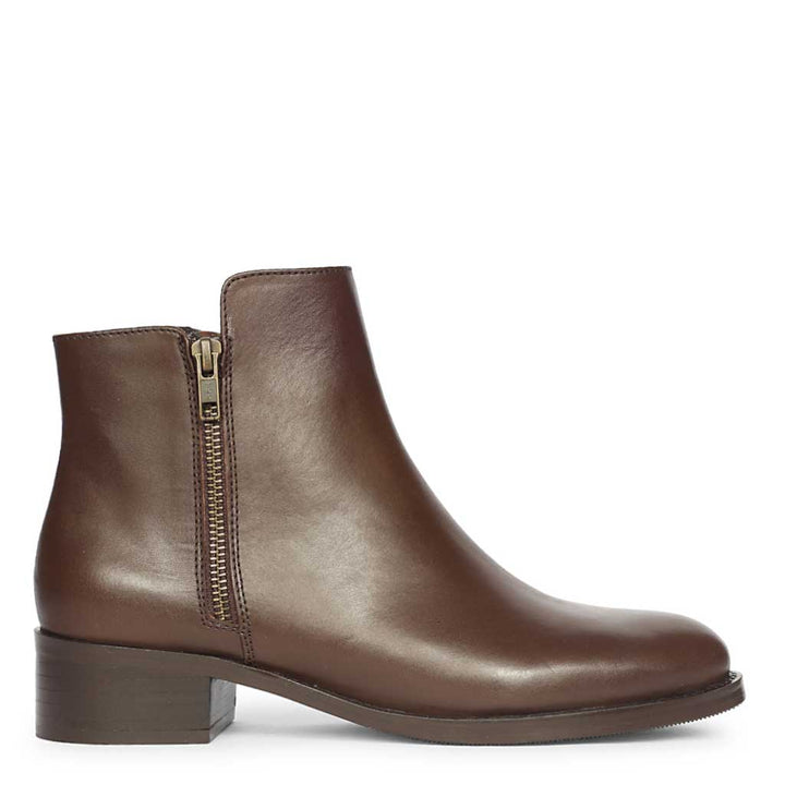Womens Brown leather ankle boot with side zipper and low block heel