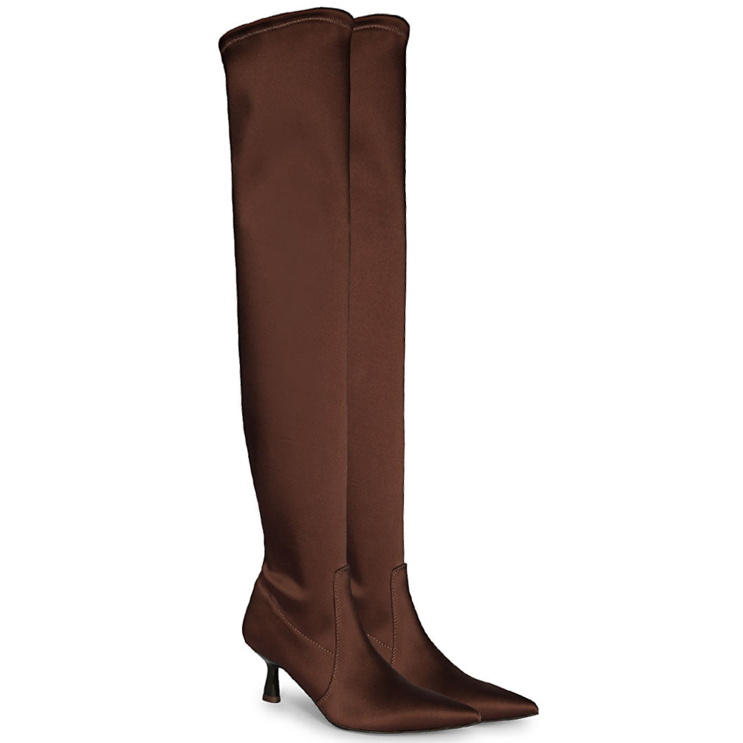 Saint Primrose Brown Stretch Satin Above The Knee Boots