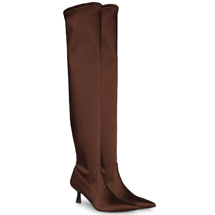Saint Primrose Brown Stretch Satin Above The Knee Boots