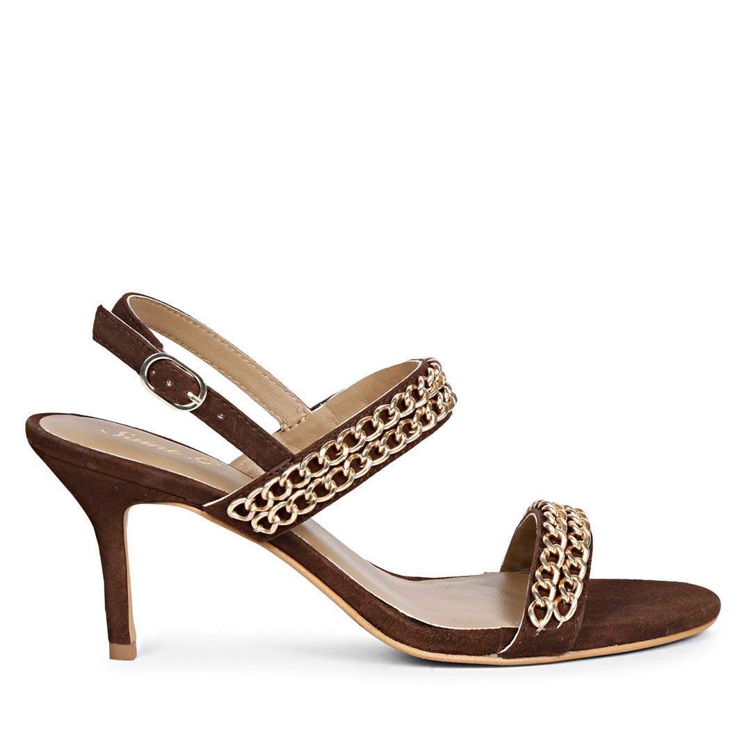 Saint Valeria Gold Chain Brown Suede Leather Stilettos