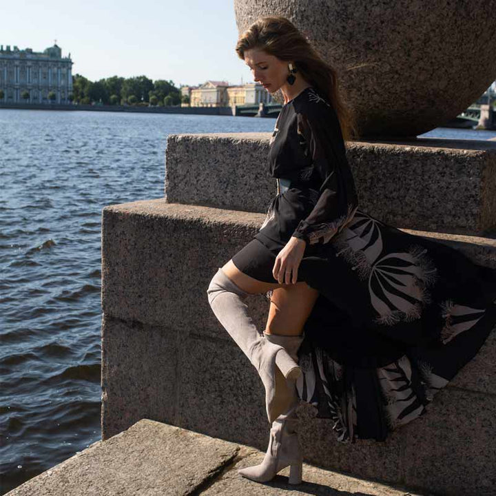 Saint Luisa Taupe Stretch Suede Above The Knee thigh high Boots