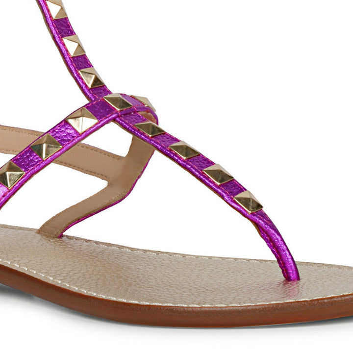 Saint Irene Hot Pink Leather Metal Studded Flat Sandals