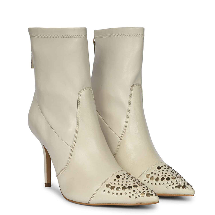 Saint Estrella Studded Stretch Beige Napa Stiletto Ankle Boots