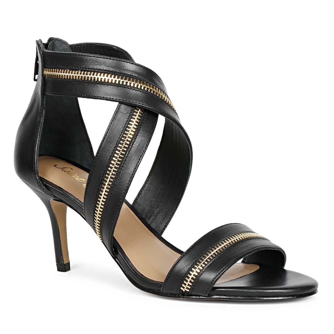 Saint Delilah Zip Decor Criss Cross Black Leather Stilettos