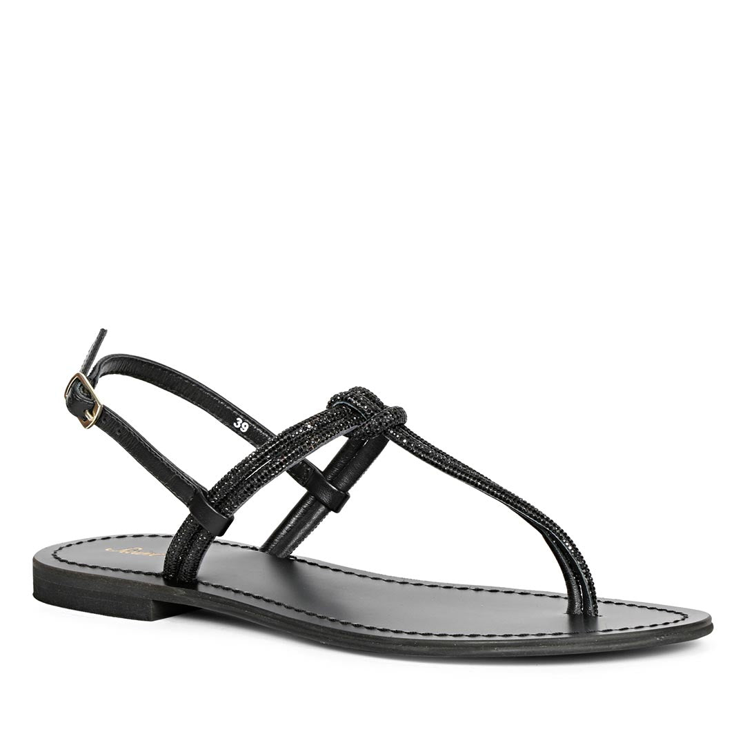 Saint Elsie Crystal Cord Black Leather Flat Sandals