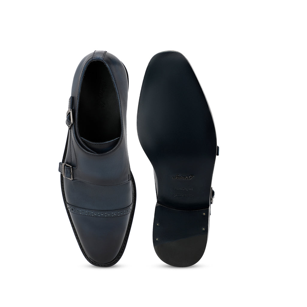 Saint Perctarit Blue Leather Double Buckle Monk Brogue Shoes