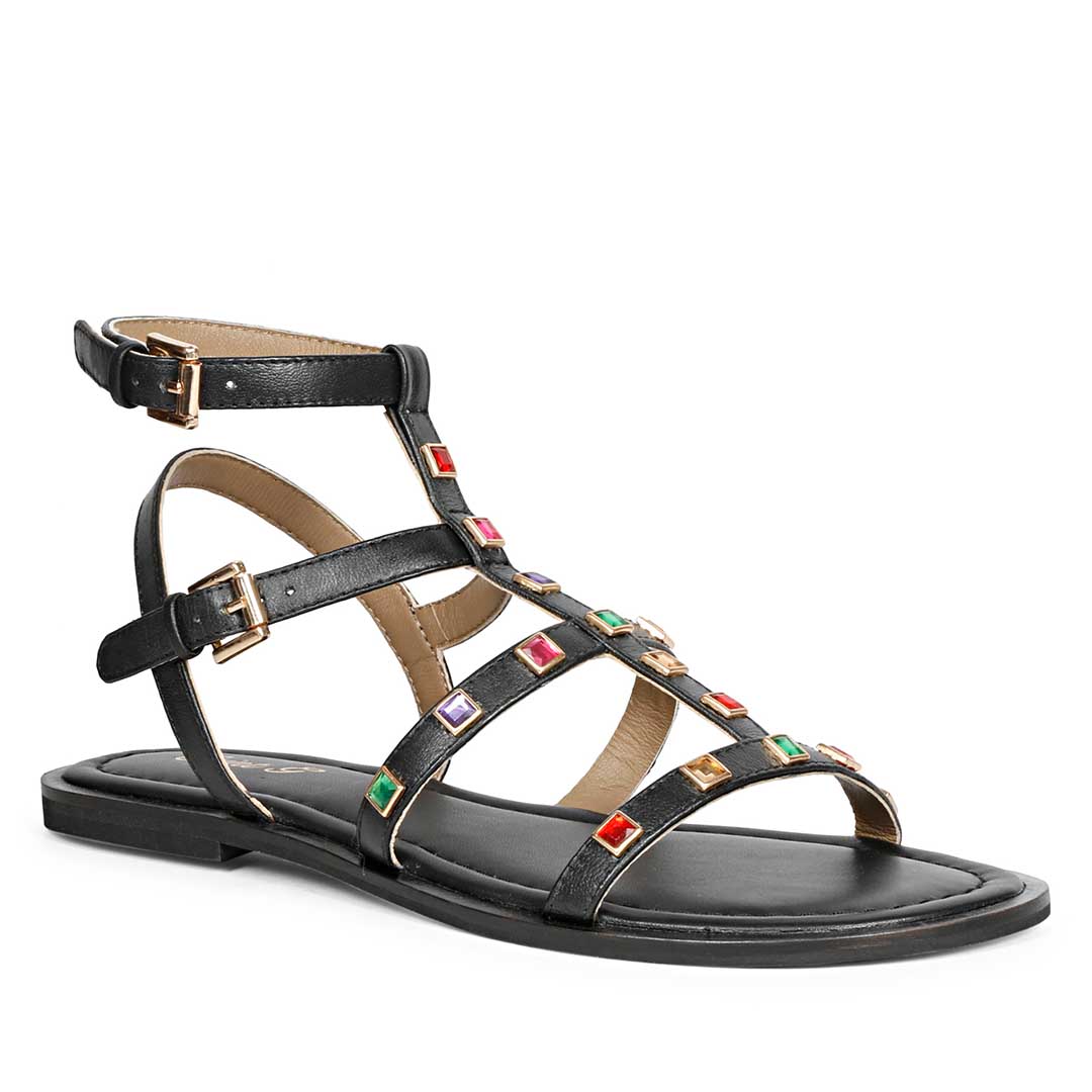 Saint Melina Multi Stone Studded Black Leather Sandals