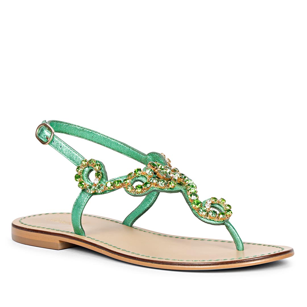 Saint Kaia Gold Stone  Metallic Green Leather Sandals