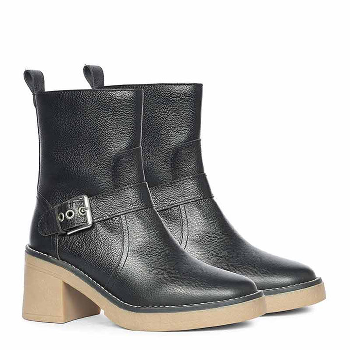 Saint Carmen Buckle Black Suede Leather Ankle Boots
