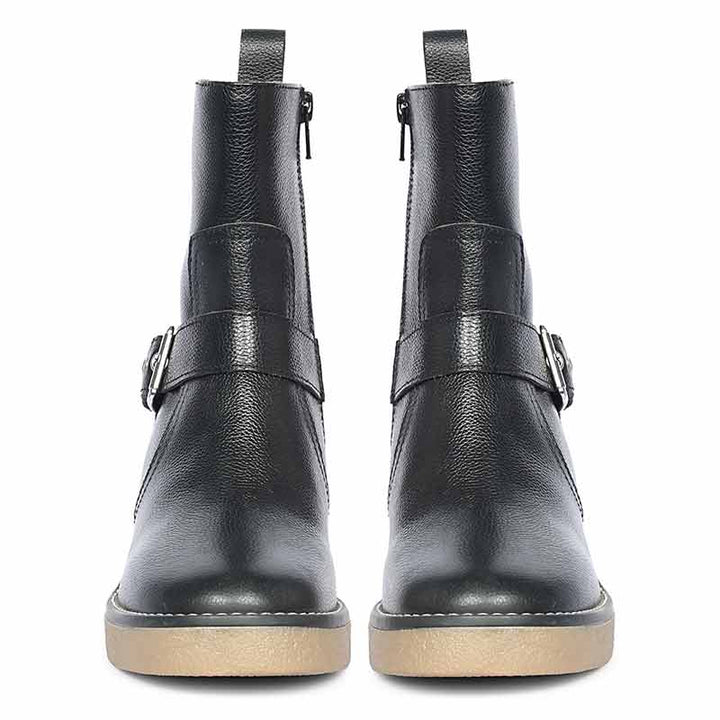 Saint Carmen Buckle Black Suede Leather Ankle Boots