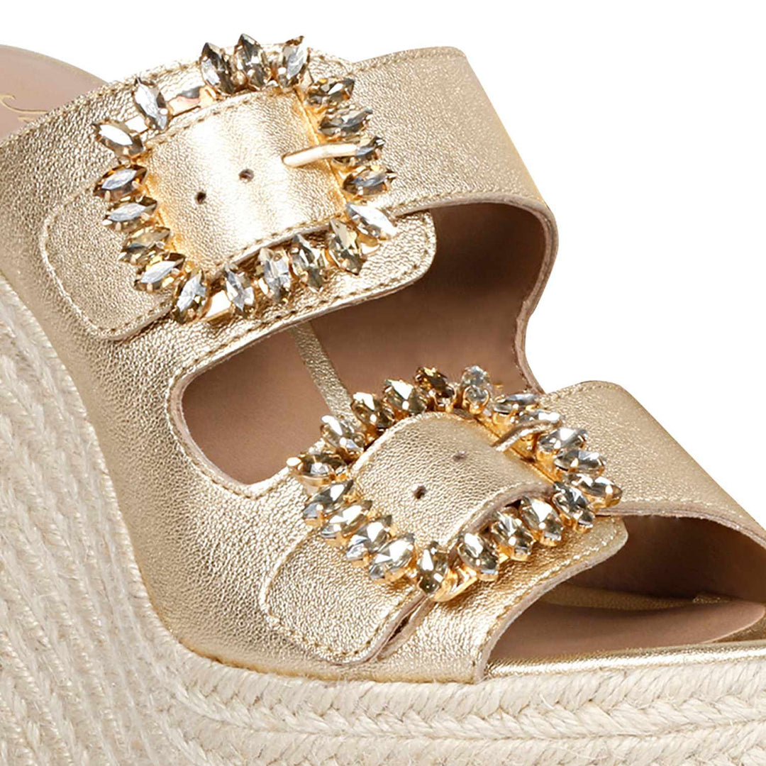 Saint Floriana Stone Embellished Gold Metallic Leather Wedge