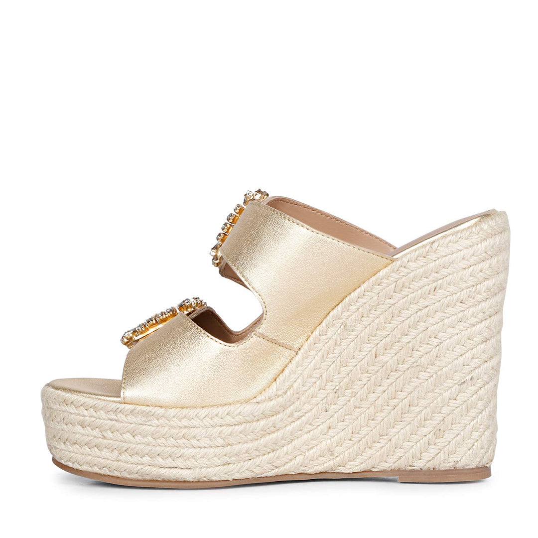 Saint Floriana Stone Embellished Gold Metallic Leather Wedge